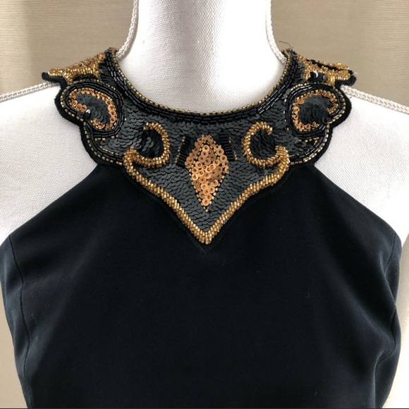 Vintage Black Gold Sequined Beaded Cocktail Dress - Picture 3 of 8